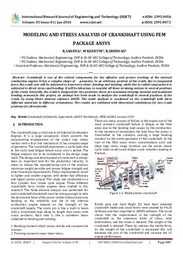 (PDF) MODELING AND STRESS ANALYSIS OF CRANKSHAFT USING FEM PACKAGE ANSYS IRJET Journal