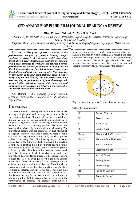 (PDF) CFD ANALYSIS OF FLUID FILM JOURNAL BEARING A REVIEW IRJET