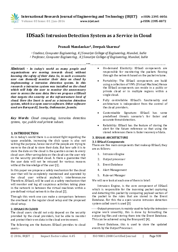 (PDF) IDSaaS: Intrusion Detection System as a Service in Cloud