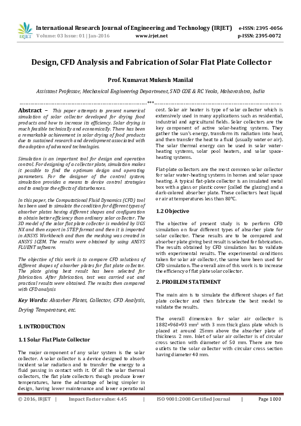 (PDF) Design, CFD Analysis and Fabrication of Solar Flat Plate Collector IRJET Journal