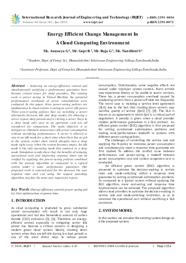 (PDF) Energy Efficient Change Management In A Cloud Computing Environment