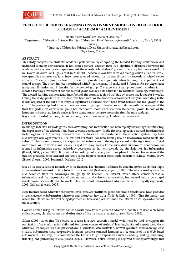 (PDF) EFFECT OF BLENDED LEARNING ENVIRONMENT MODEL ON HIGH SCHOOL ...