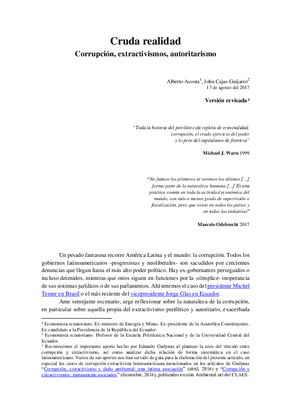 First page of “Acosta, Alberto y Cajas Guijarro, John (2017). “Cruda realidad: Corrupción, extractivismos, autoritarismo””