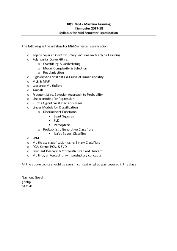 syllabus of machine learning