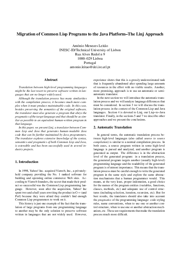 (PDF) Migration of Common Lisp Programs to the Java Platform The Linj ...