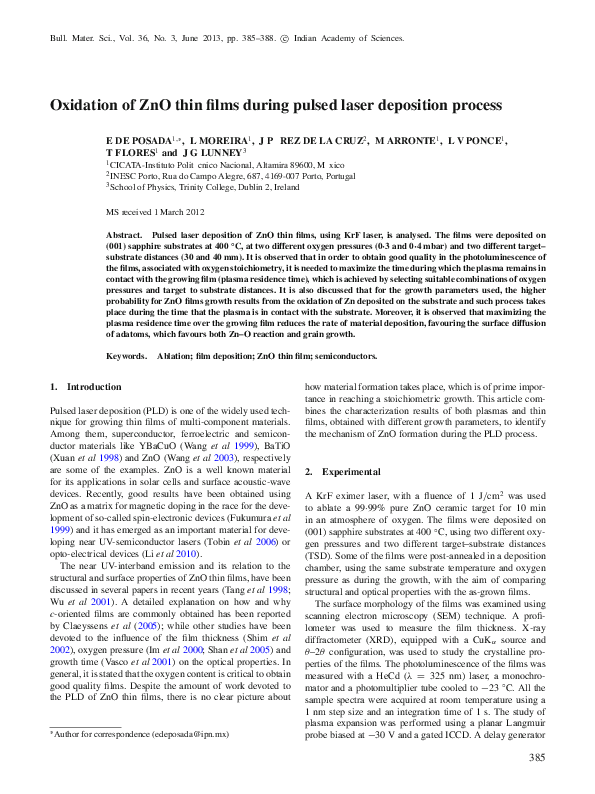(PDF) Oxidation of ZnO thin films during pulsed laser deposition process