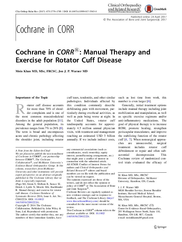 (PDF) Cochrane in CORR 1 Manual Therapy and Exercise for Rotator Cuff
