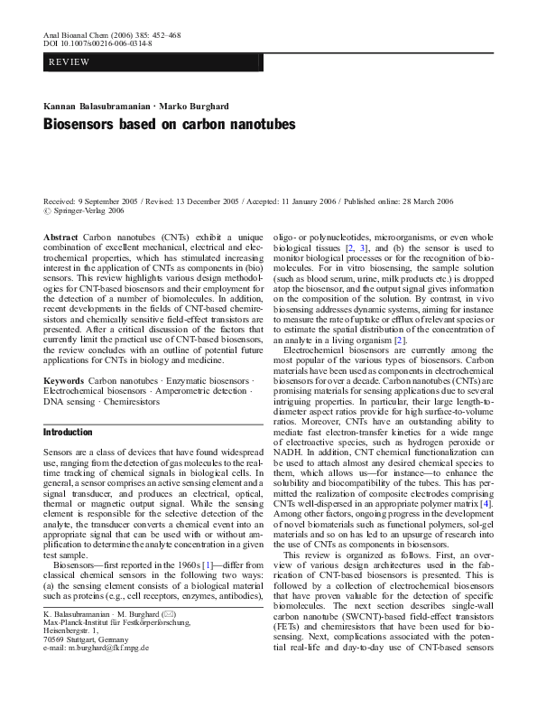 (PDF) Biosensors based on carbon nanotubes