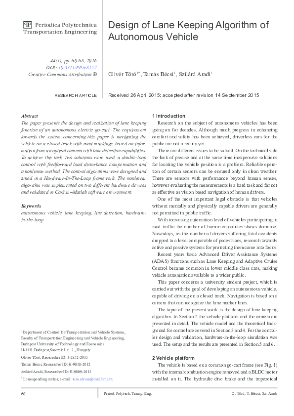 (PDF) Design of Lane Keeping Algorithm of Autonomous Vehicle