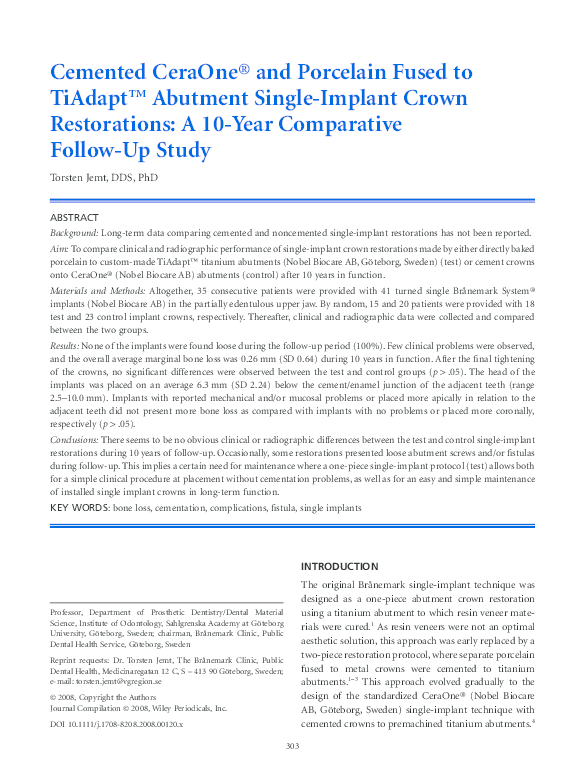 (PDF) Cemented CeraOne® and Porcelain Fused to TiAdapt™ Abutment Single ...