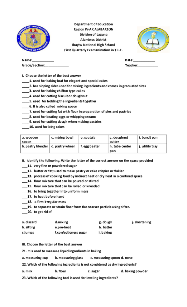 (DOC) G9 baking exam dedicatoria Academia.edu