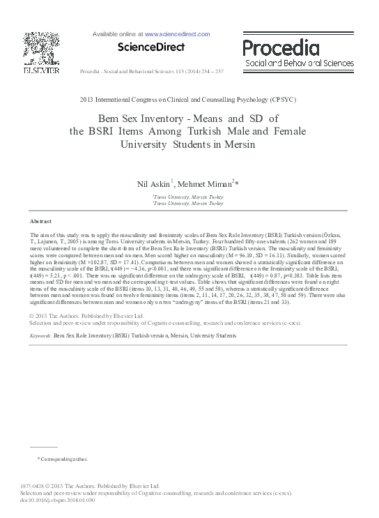 (PDF) Bem Sex Inventory -Means and SD of the BSRI Items Among Turkish ...