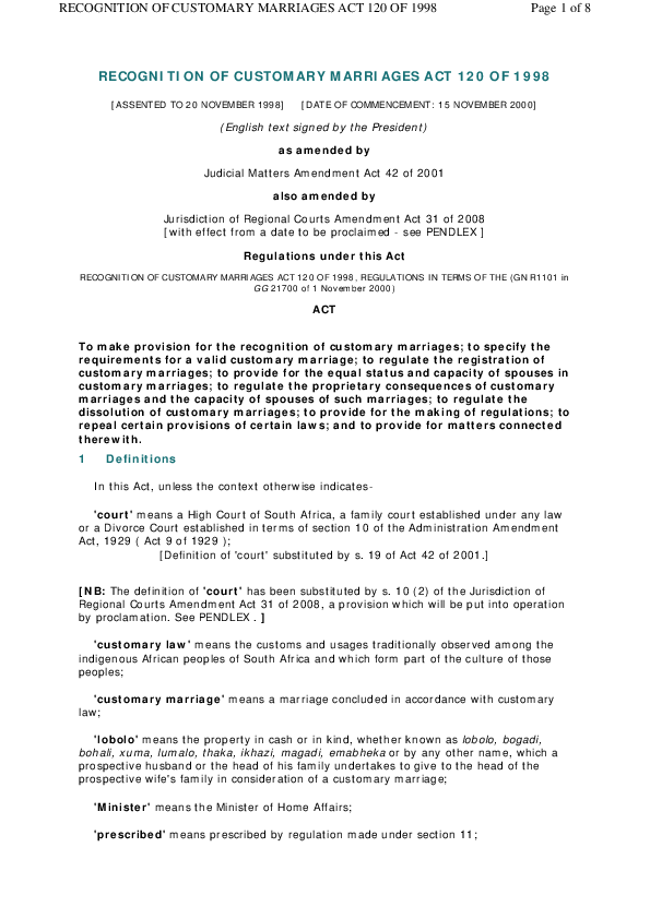 Recognition Of Customary Marriages Act