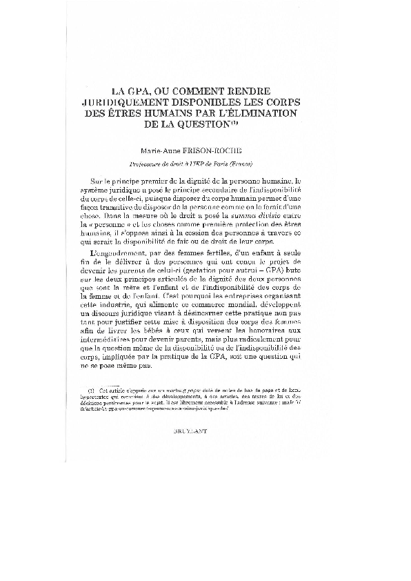 (PDF) La GPA, ou comment rendre juridiquement disponible les corps des êtes humains par l
