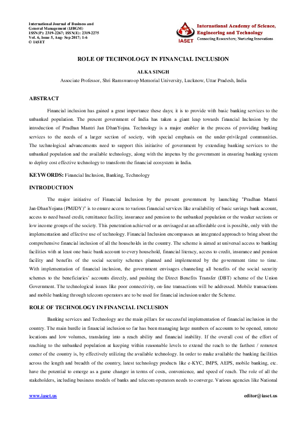 (PDF) ROLE OF TECHNOLOGY IN FINANCIAL INCLUSION