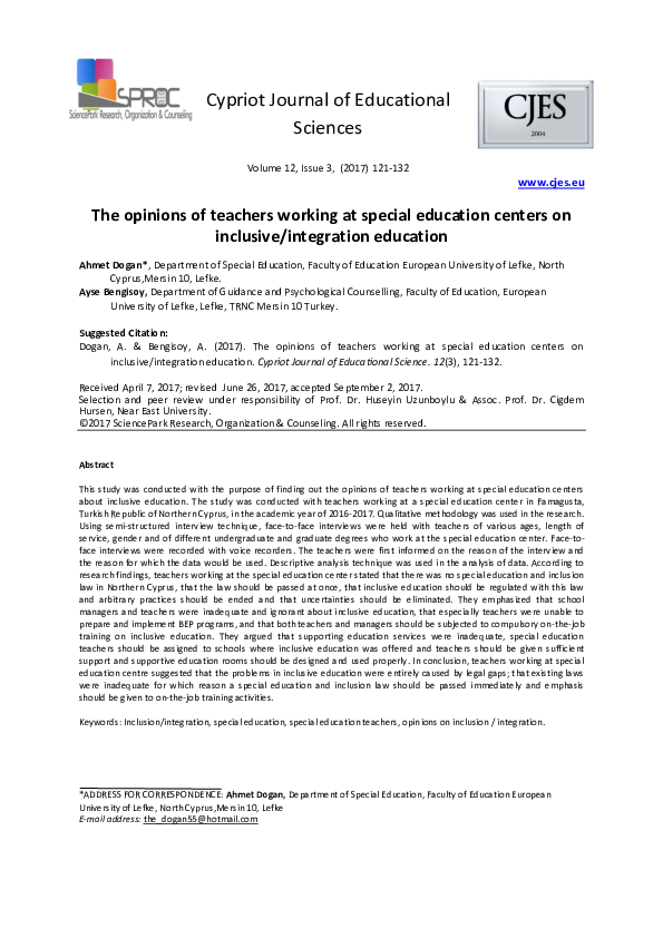 Pdf The Opinions Of Teachers Working At Special Education Centers