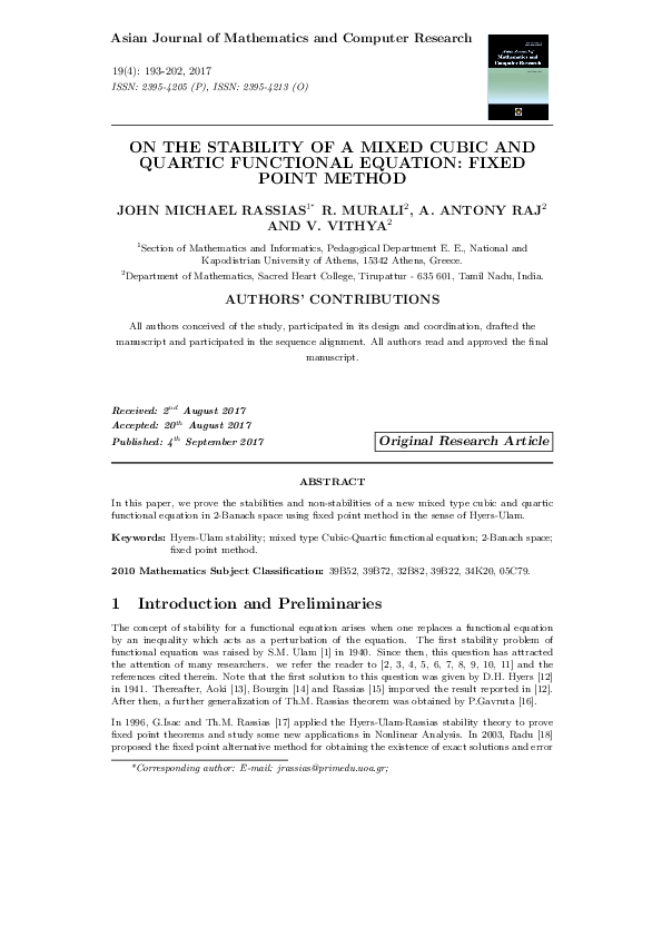 (PDF) ON THE STABILITY OF A MIXED CUBIC AND QUARTIC FUNCTIONAL EQUATION ...