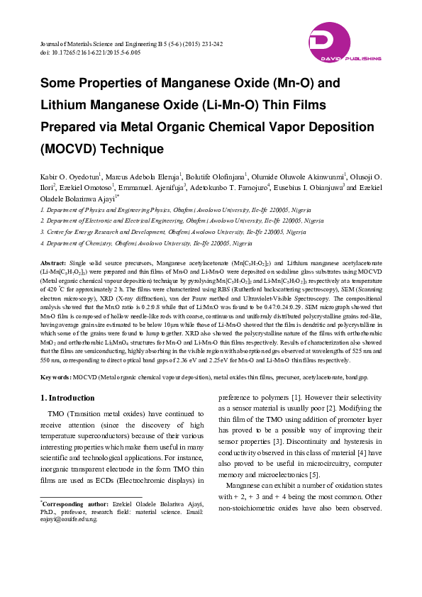 (PDF) Some Properties of Manganese Oxide (MnO) and Lithium Manganese