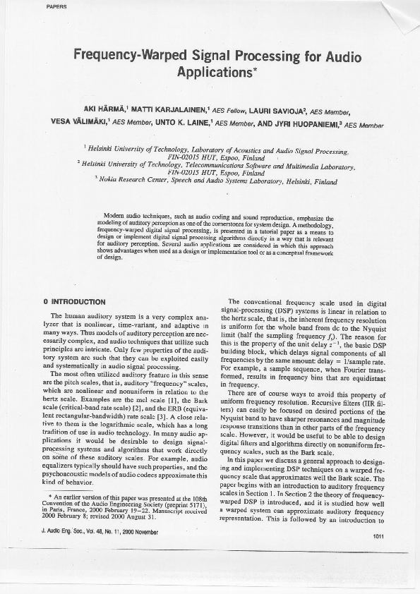 (PDF) Frequencywarped signal processing for audio applications Aki Härmä Academia.edu