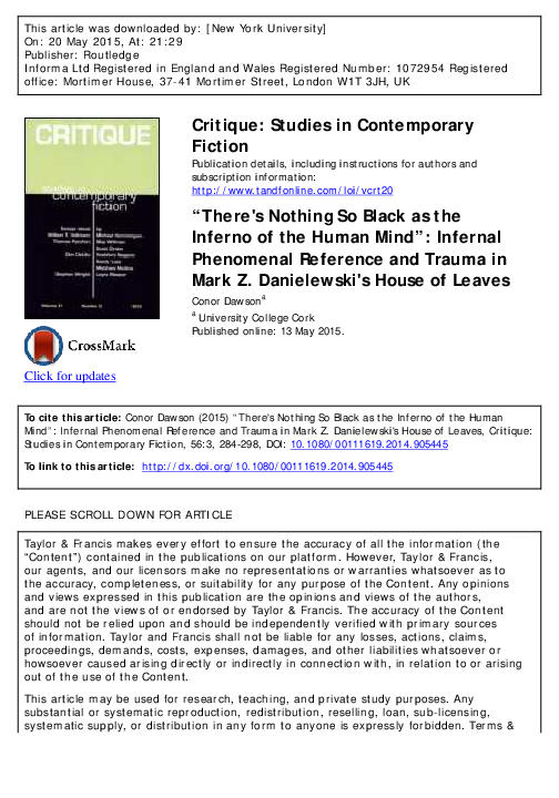 First page of “" There's Nothing So Black as the Inferno of the Human Mind " : Infernal Phenomenal Reference and Trauma in Mark Z. Danielewski's House of Leaves”