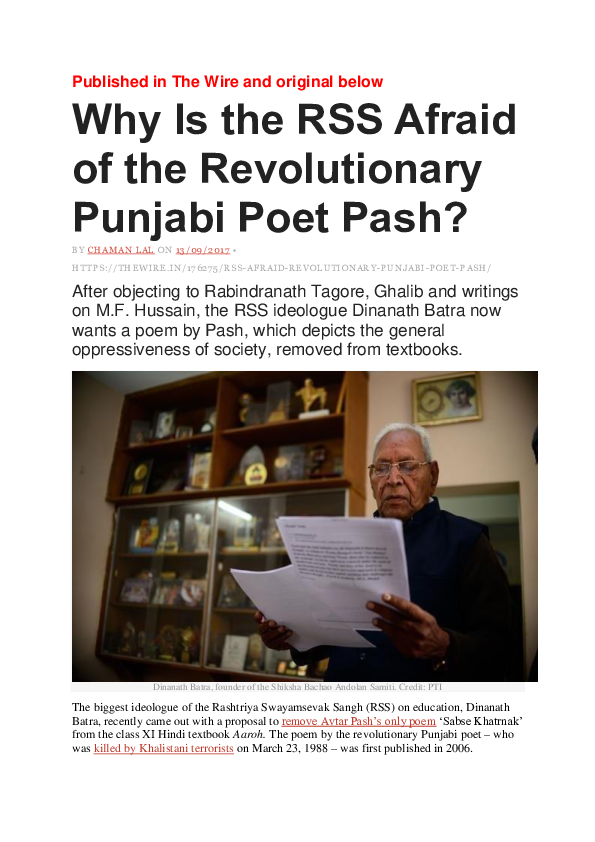 (DOC) Why Is the RSS Afraid of the Revolutionary Punjabi Poet Pash