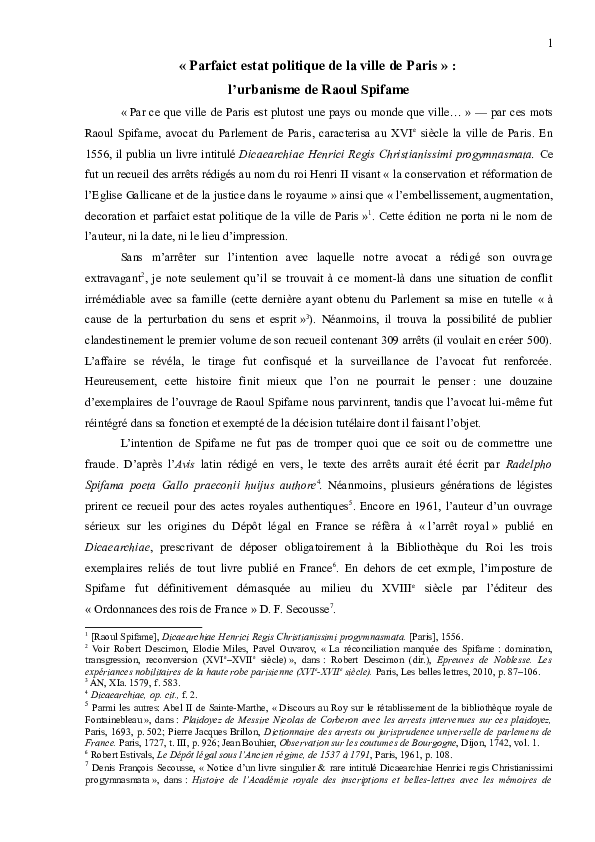 (DOC) «Parfaict estat politique de la ville de Paris» l’urbanisme de