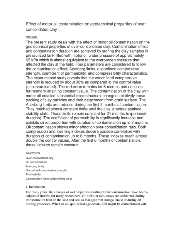 (DOC) Effect of motor oil contamination on geotechnical properties of