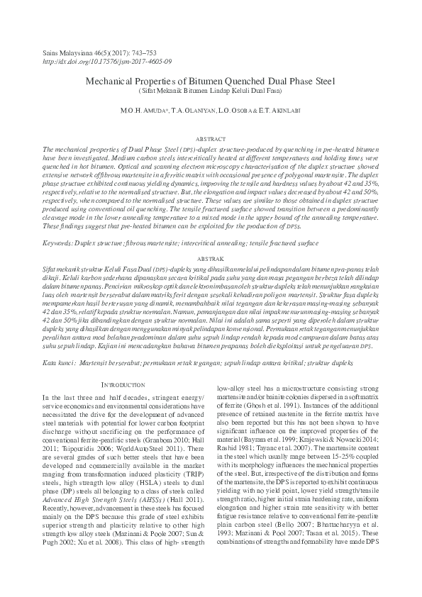 (PDF) Mechanical Properties of Bitumen Quenched Dual Phase Steel (Sifat ...