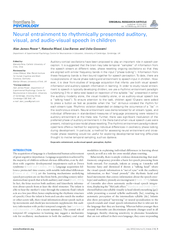 (PDF) Neural Entrainment to Rhythmically Presented Auditory, Visual ...