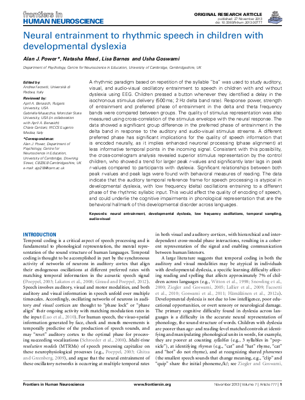 (PDF) Neural entrainment to rhythmic speech in children with ...