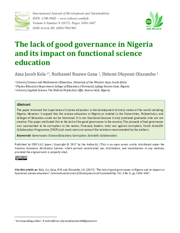 (PDF) The lack of good governance in Nigeria and its impact on ...