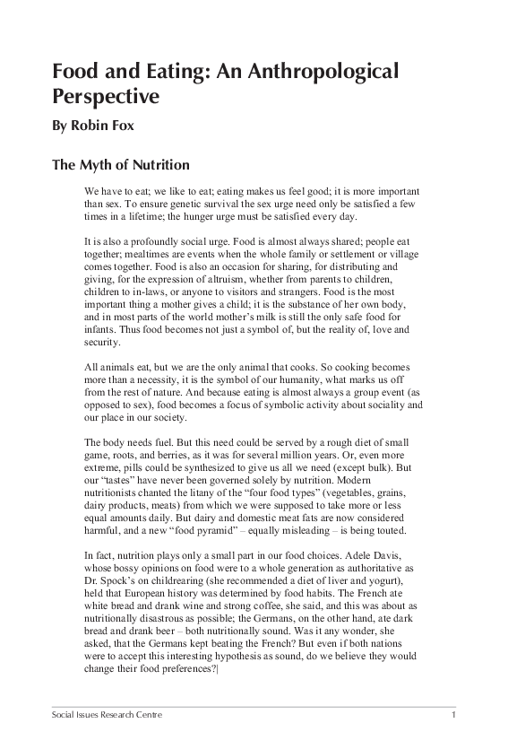 Food And Eating An Anthropological Perspective By Robin Fox