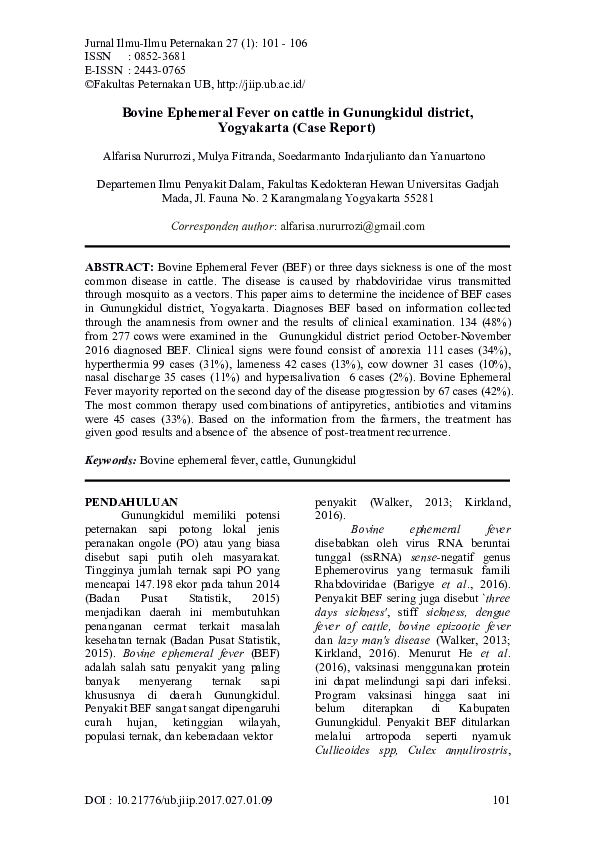 (PDF) Bovine Ephemeral Fever on cattle in Gunungkidul district