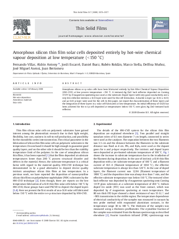 (PDF) Amorphous silicon thin film solar cells deposited entirely by hot ...