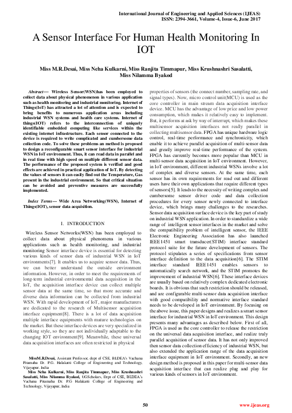 (PDF) A Sensor Interface For Human Health Monitoring in IoT