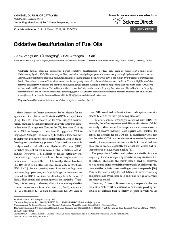(PDF) CHINESE JOURNAL OF CATALYSIS Oxidative Desulfurization of Fuel