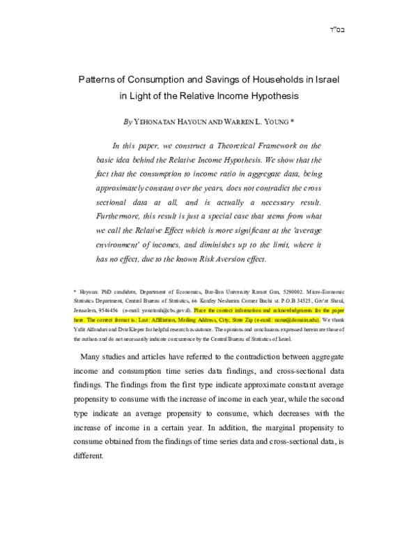(PDF) Patterns of Consumption and Savings of Households in Israel in ...