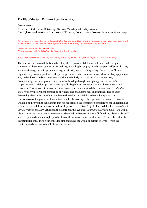 (PDF) The life of the text: Paratext in/as life writing