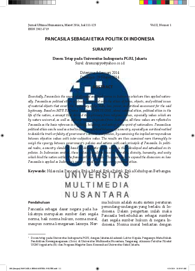Pdf Pancasila Sebagai Etika Politik Di Indonesia Mukti Diah Academia Edu
