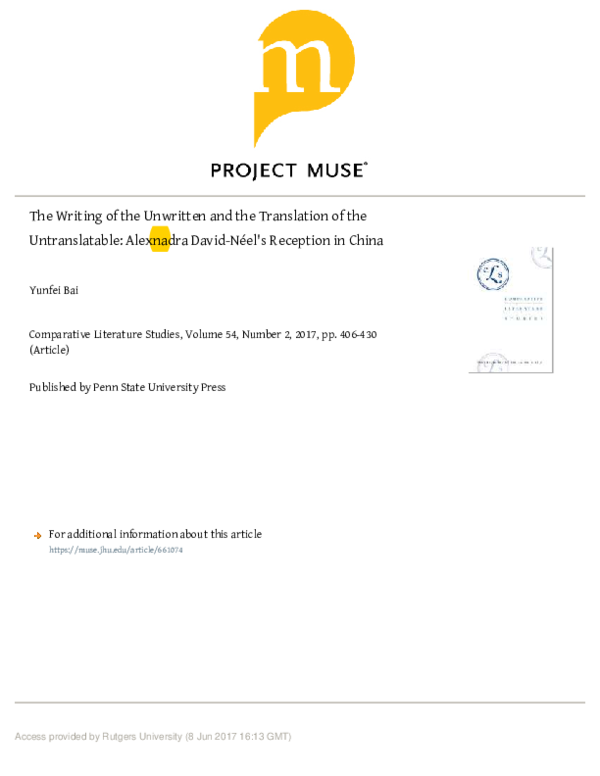 Pdf The Writing Of The Unwritten And The Translation Of The Untranslatable Alexandra David Neel S Reception In China Yunfei Bai Academia Edu