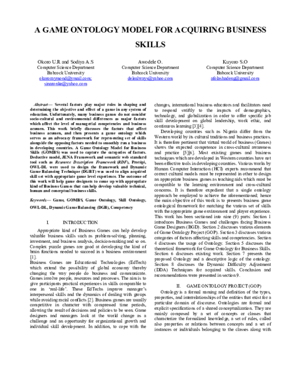 (PDF) A GAME ONTOLOGY MODEL FOR ACQUIRING BUSINESS SKILLS