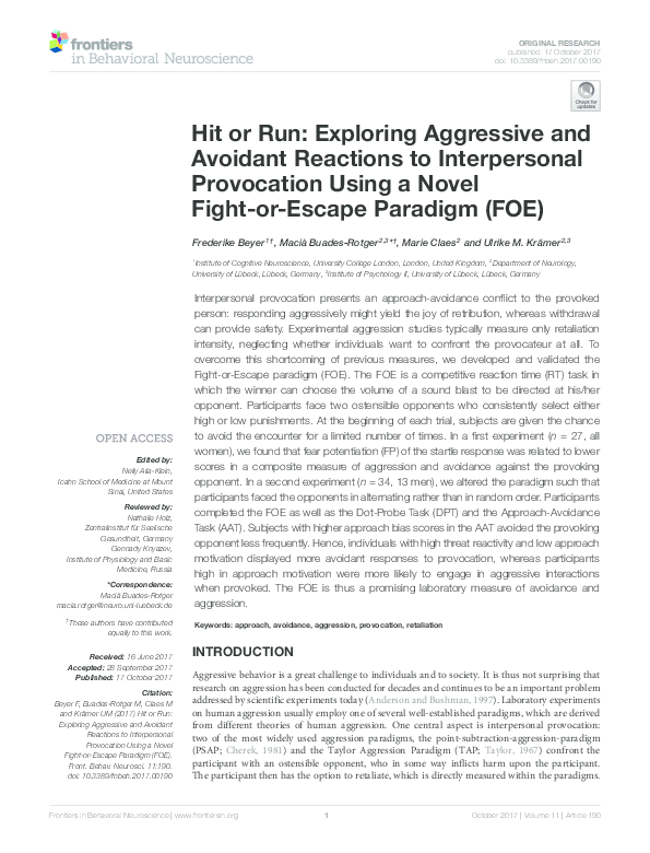 (PDF) Aggression and Avoidance in Provocation Responses