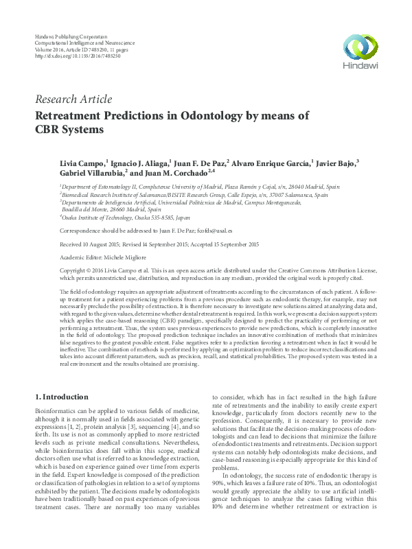 (PDF) Retreatment Predictions in Odontology by means of CBR Systems
