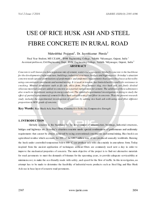 (PDF) USE OF RICE HUSK ASH AND STEEL FIBRE CONCRETE IN RURAL ROAD