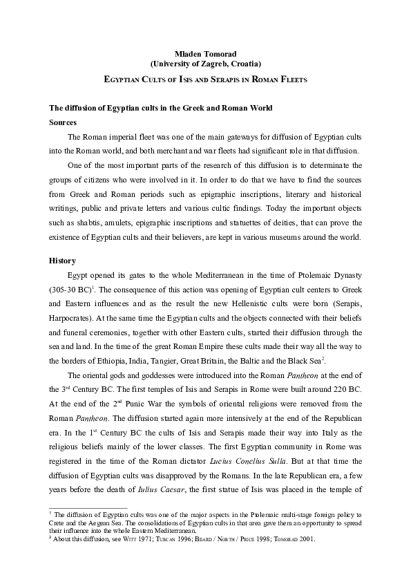 First page of “Egyptian cults of Isis and Serapis in Roman Fleets. In: (Amenta. A-Luiselli, M. M.-Sordi, M. N (ed.) L'acqua nell'antico Egitto: vita, rigenerazione, incantesimo, medicamento - Proceedings of the First International Conference for Young Egyptologists (Chianciano Terme, 15-18 October 2003), Roma 2005: 241-253.”