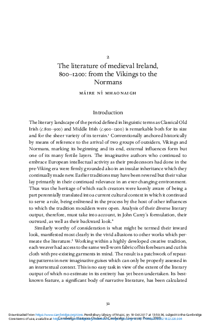 'The Literature of Medieval Ireland: from the Vikings to the Normans', in The Cambridge History of Irish Literature, ed. Margaret Kelleher and Philip O'Leary (Cambridge, 2006), vol. 1, pp. 32-73