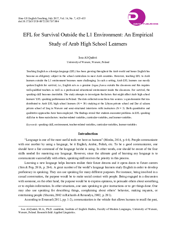 (PDF) EFL for Survival Outside the L1 Environment: An Empirical Study ...