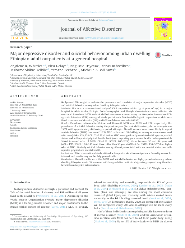 (PDF) Major depressive disorder and suicidal behavior among urban ...