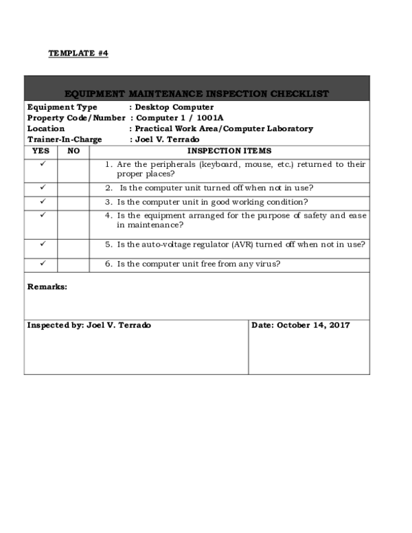 (DOC) EQUIPMENT MAINTENANCE INSPECTION CHECKLIST Joel Terrado