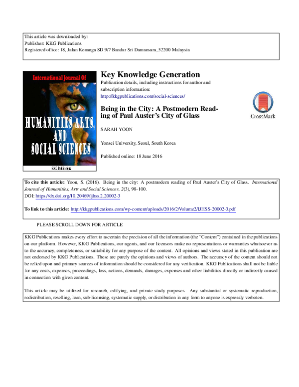 (PDF) Being in the City A Postmodern Reading of Paul Auster’s City of